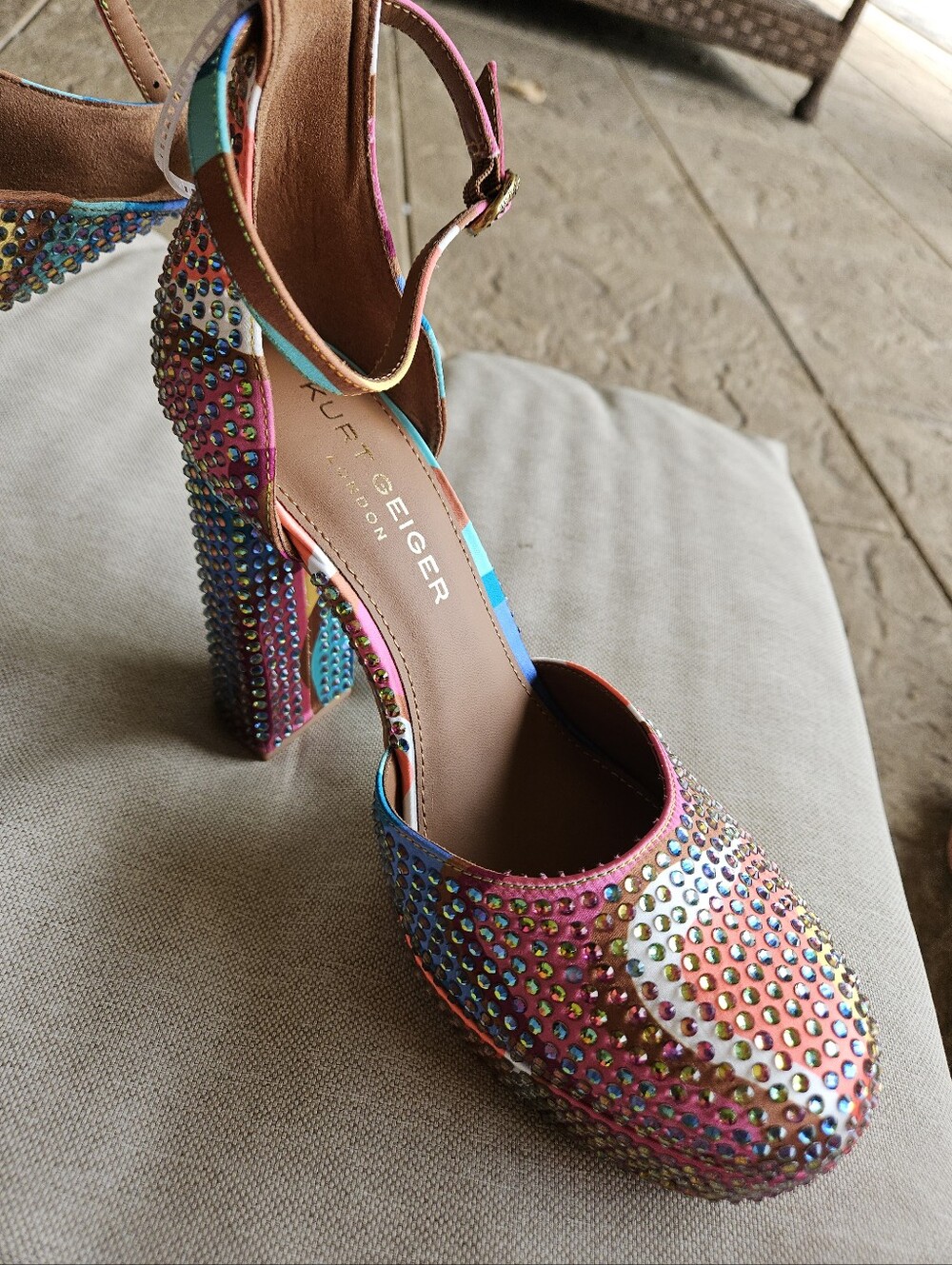 KURT GEIGER Shoreditch Platform Heel Multi Swirl Rainbow Embellished Ankle Strap - Picture 2 of 8